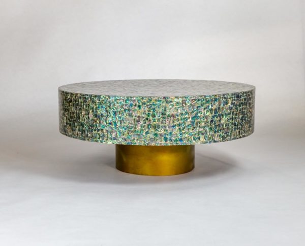 Drum Coffee Table in Green Abalone Mother Of Pearl with metal base