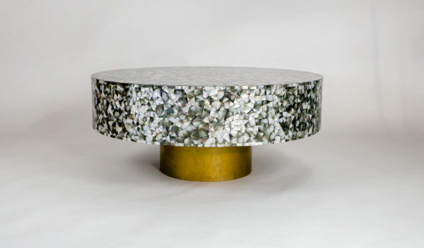 Drum Coffee Table IN Blacklip Mother Of Pearl with a Silver colour base