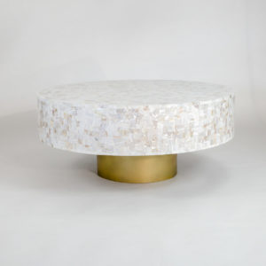 DRUM COFFEE TABLE IN White MOTHER OF PEARL with a metal base