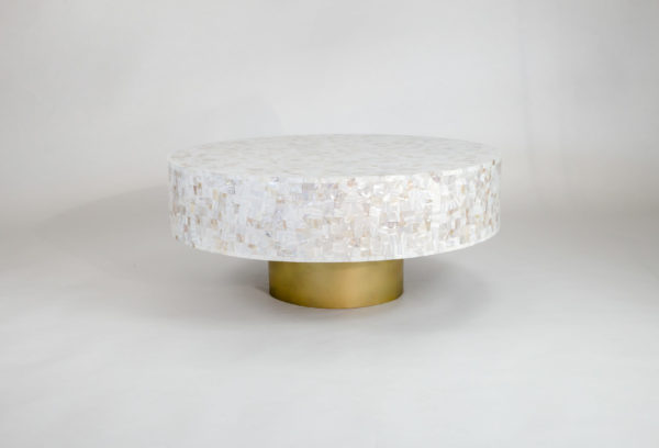 DRUM COFFEE TABLE IN White MOTHER OF PEARL with a metal base