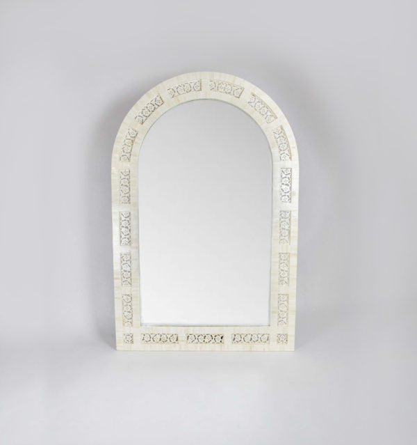 Rounded Natural Bone Inlay Mirror with bone carvings