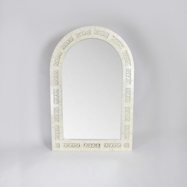 Rounded Natural Bone Inlay Mirror with bone carvings